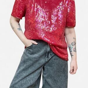 Vintage Jean for Joseph Le Bon Red Puff Sleeve Sequin Party Top- Size Large